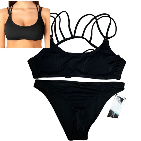 NWT California Waves Bikini Set Junior's Small OR Medium Black Ribbed Strappy - Picture 1 of 16